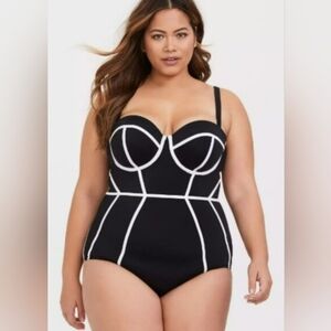 Torrid Black White Retro Slim Fix Underwire Piping One Piece Swimsuit Sz  2 2x